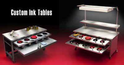 Custom ink tables with shelves and tools.