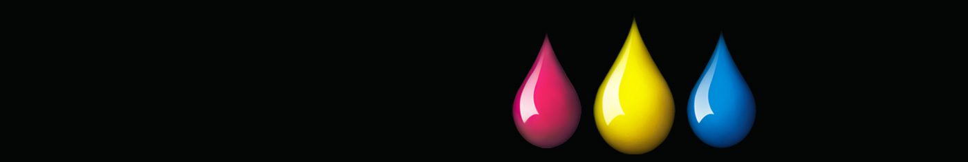 Three colorful paint drops on black background.