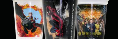 Movie-themed cups with colorful designs.